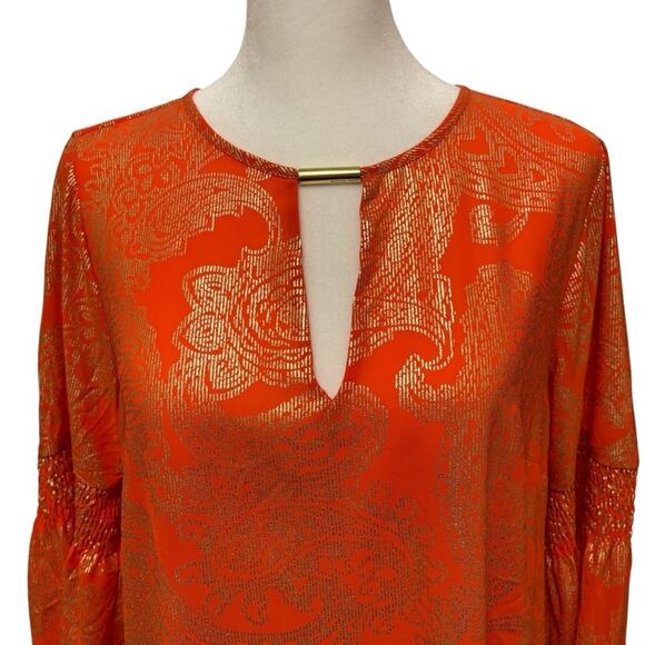 Michael Kors women’s top size small orange with gold foil paisley bell sleeves - Picture 4 of 12